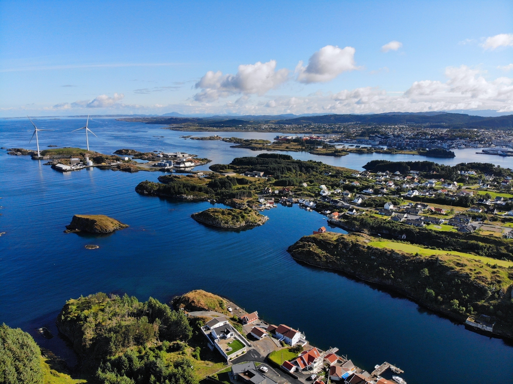 Haugesund coast landscape drone view Norway islands drone view. Rogaland county island landscape with near Haugesund. Wind turbines.