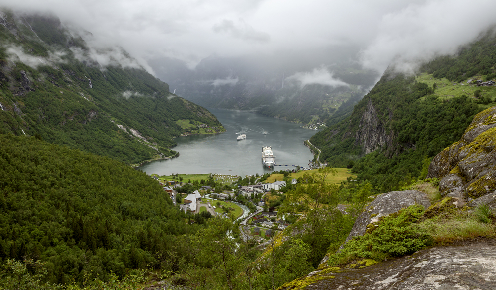 Panorama of Geiranger town and fjord in Norway Panorama of Geiranger town and fjord in Norway