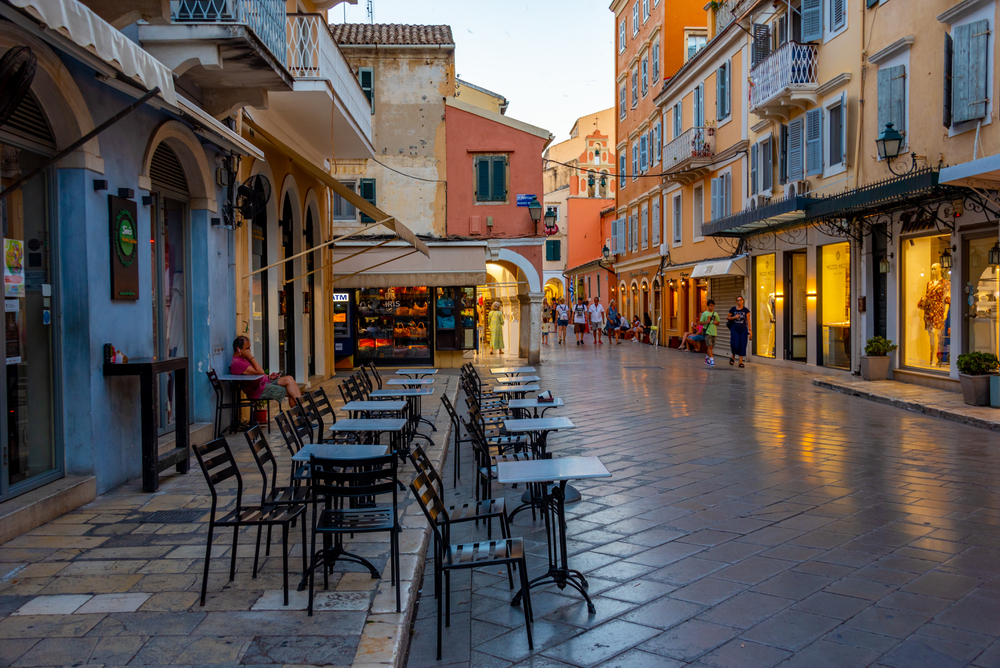 Kerkyra, Greece, September 11, 2022: Sunset view of historical b Kerkyra, Greece, September 11, 2022: Sunset view of historical b